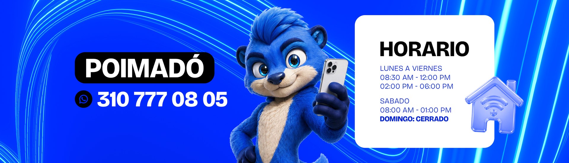 Sede Poimadó. WhatsApp 310 777 08 05. Horario: lunes a viernes de 08:30 a 12:00 y de 14:00 a 18:00, sábado de 08:00 a 13:00, domingo cerrado.